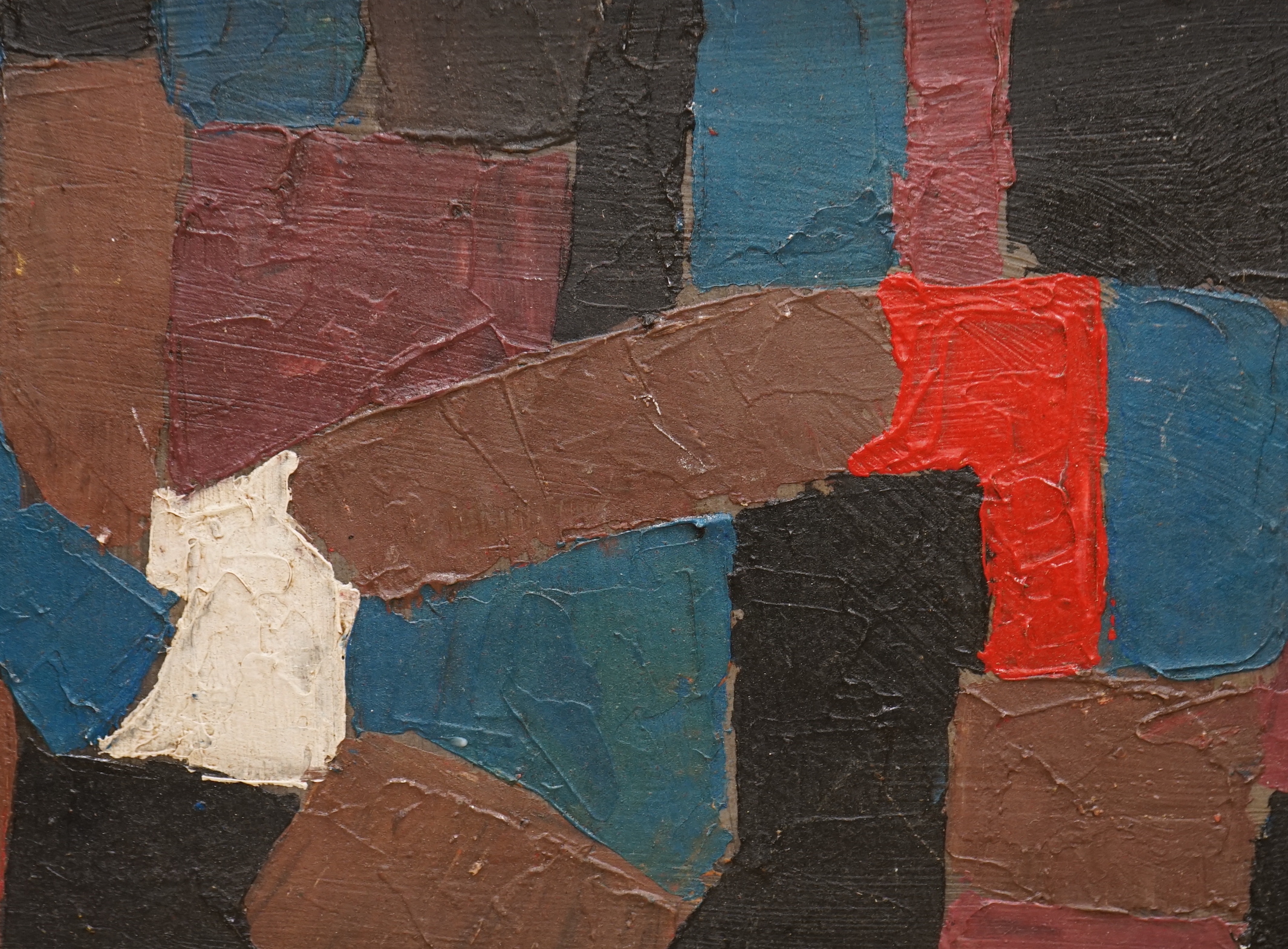 After Serge Poliakoff (Russian/French, 1900-1969), impasto oil on board, Abstract composition, geometric shapes, 36 x 49cm